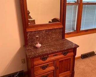 Marble top wash stand commode with backsplash and mirror 