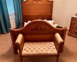 High back Victorian full size bed 
Upholstered rolled arm bed bench 