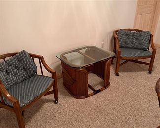 Barrel, chairs, and rattan table