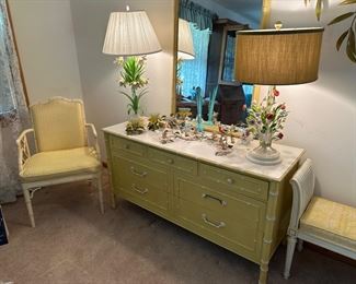 Beautiful Asian motif chest with matching chair and bed bench Metal art Italian, tall, painted lamps and candleholders