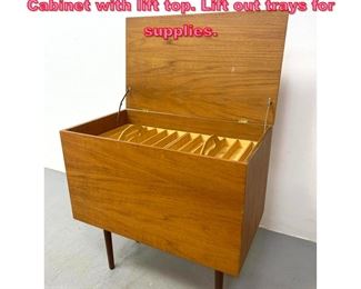Lot 618 Danish Modern Storage Sewing Cabinet with lift top. Lift out trays for supplies.