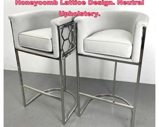 Lot 628 Pr Modernist Chrome Bar Stools. Honeycomb Lattice Design. Neutral Upholstery. 