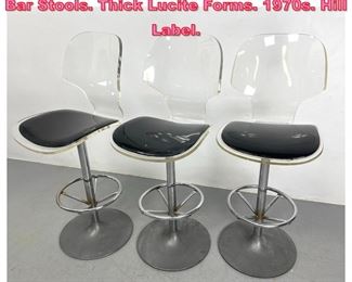 Lot 629 3pc HILL MFG Lucite and Chrome Bar Stools. Thick Lucite Forms. 1970s. Hill Label.