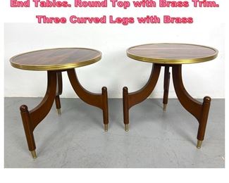 Lot 636 Stylish Decorator Modernist Side End Tables. Round Top with Brass Trim. Three Curved Legs with Brass