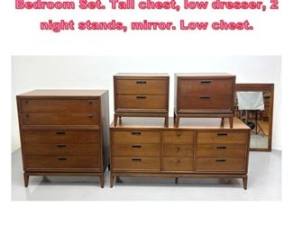 Lot 640 5pc Stanley American Modern Bedroom Set. Tall chest, low dresser, 2 night stands, mirror. Low chest.