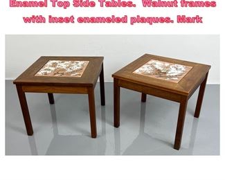 Lot 642 Pr BROWN SALTMAN, JOHN KEAL Enamel Top Side Tables. Walnut frames with inset enameled plaques. Mark