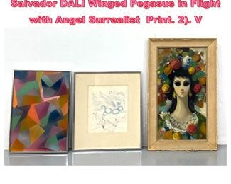 Lot 657 3pc Framed Modernist Art. Salvador DALI Winged Pegasus in Flight with Angel Surrealist Print. 2. V
