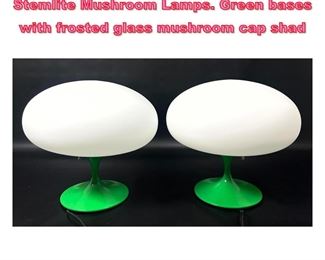 Lot 679 Pr DESIGNLINE Contemporary Stemlite Mushroom Lamps. Green bases with frosted glass mushroom cap shad