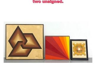 Lot 689 3pcs Op Art Paintings. Letterman, two unsigned. 