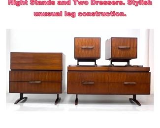 Lot 696 4pc Modernist Bedroom Set. Pr Night Stands and Two Dressers. Stylish unusual leg construction. 