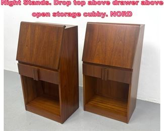 Lot 716 Pr Teak Danish Modern Slant Front Night Stands. Drop top above drawer above open storage cubby. NORD