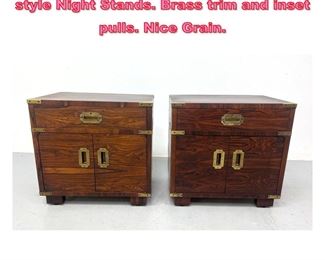 Lot 720 Pr Modernist Rosewood Campaign style Night Stands. Brass trim and inset pulls. Nice Grain. 