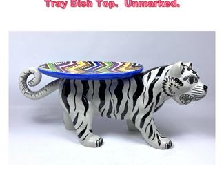 Lot 732 Colorful Pottery Cat Sculpture with Tray Dish Top. Unmarked. 