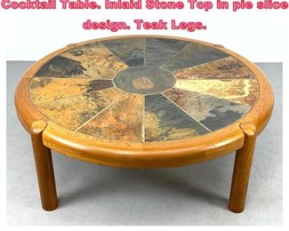 Lot 735 Danish Modern Teak Round Cocktail Table. Inlaid Stone Top in pie slice design. Teak Legs. 