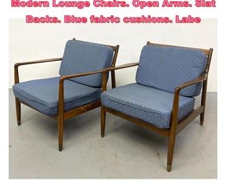 Lot 781 Pr Folke Ohlsson DUX Swedish Modern Lounge Chairs. Open Arms. Slat Backs. Blue fabric cushions. Labe