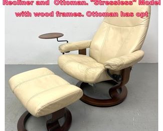 Lot 791 J.E. EKORNES Tan Leather Recliner and Ottoman. Stressless Model with wood frames. Ottoman has opt