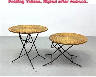 Lot 800 Pair Adjustable Wicker and Iron Folding Tables. Styled after Aubock. 