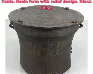 Lot 802 Southeast Asian Rain Drum style Table. Resin form with relief design. Black finish. 