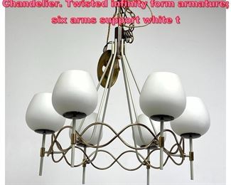 Lot 813 LIGHTOLIER Tynell style Hanging Chandelier. Twisted infinity form armature six arms support white t