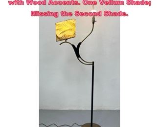 Lot 815 Modernist Floor Lamp. Brass Tone with Wood Accents. One Vellum Shade Missing the Second Shade. 