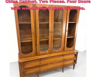 Lot 826 Danish Modern Teak Credenza. China Cabinet. Two Pieces. Four Doors with wood framed glass windows. 