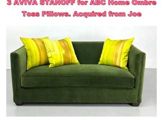 Lot 836 Green Velvet Modernist Love Seat. 3 AVIVA STANOFF for ABC Home Ombre Toss Pillows. Acquired from Joe