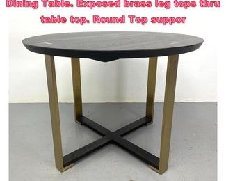 Lot 842 Designer Dark Walnut Modernist Dining Table. Exposed brass leg tops thru table top. Round Top suppor