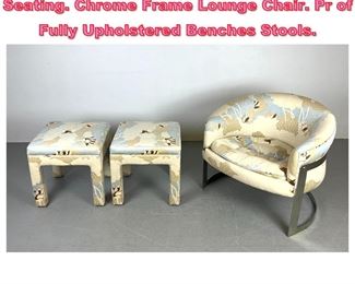 Lot 850 3pc BERNHARDT Modernist Seating. Chrome Frame Lounge Chair. Pr of Fully Upholstered Benches Stools.