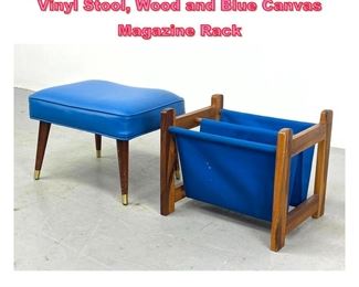 Lot 858 2pcs Mid Century Modern. Blue Vinyl Stool, Wood and Blue Canvas Magazine Rack