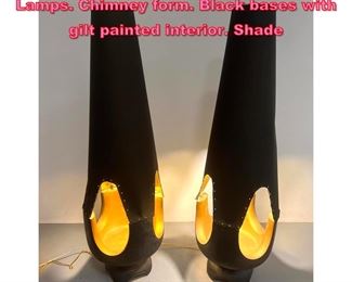 Lot 874 Pr Modernist Mixed Media 47 Tall Lamps. Chimney form. Black bases with gilt painted interior. Shade