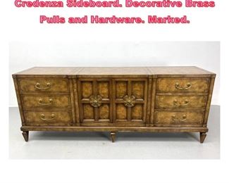 Lot 876 MASTERCRAFT Burl Wood Credenza Sideboard. Decorative Brass Pulls and Hardware. Marked. 