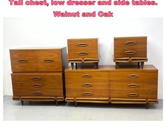 Lot 884 Mid Century Modern Bedroom Set. Tall chest, low dresser and side tables. Walnut and Oak 