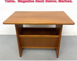 Lot 888 FBJ Teak Danish Modern Side Table. Magazine Rack Below. Marked.