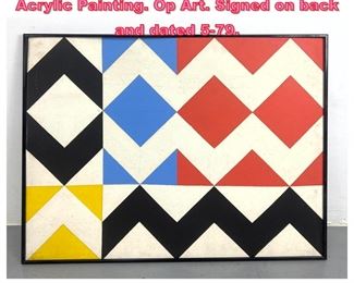 Lot 908 J.H. HENIG Geometric Modernist Acrylic Painting. Op Art. Signed on back and dated 579. 