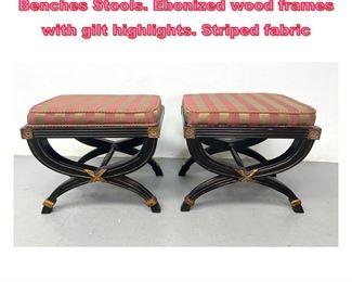 Lot 914 Pr Decorator Regency style Benches Stools. Ebonized wood frames with gilt highlights. Striped fabric