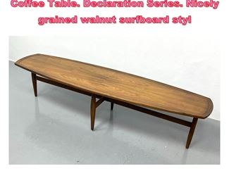 Lot 915 DREXEL American Modern Walnut Coffee Table. Declaration Series. Nicely grained walnut surfboard styl
