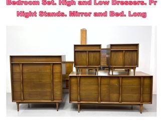 Lot 926 6pc American Modern Walnut Bedroom Set. High and Low Dressers. Pr Night Stands. Mirror and Bed. Long