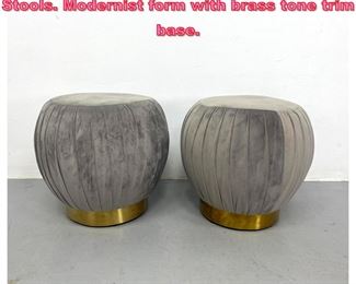 Lot 935 Pr Gray Velvet Pouf Ottoman Stools. Modernist form with brass tone trim base.