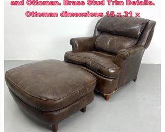 Lot 1019 2pc Brown Leather Lounge Chair and Ottoman. Brass Stud Trim Details. Ottoman dimensions 15 x 31 x