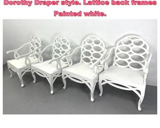 Lot 1031 Set 4 Designer Arm Dining Chairs. Dorothy Draper style. Lattice back frames Painted white.