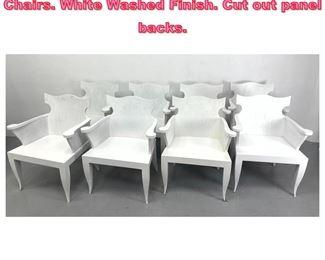 Lot 1033 Set 8 Custom Frame Arm Dining Chairs. White Washed Finish. Cut out panel backs. 