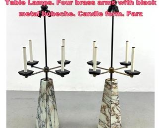 Lot 1037 Pr Faux Marble Tapered Base Table Lamps. Four brass arms with black metal bobeche. Candle form. Parz