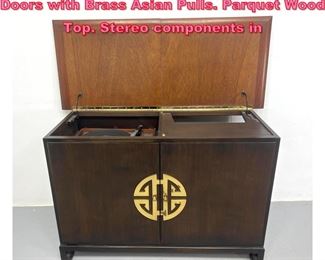 Lot 1041 Asian style Stereo Cabinet. Two Doors with Brass Asian Pulls. Parquet Wood Top. Stereo components in