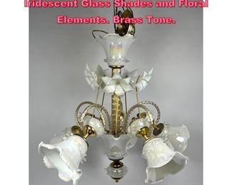 Lot 1046 Hanging Chandelier with Iridescent Glass Shades and Floral Elements. Brass Tone. 