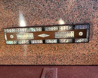 Mother of Pearl Cribbage with tag reading Flowers London 1848