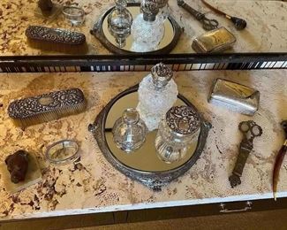 Collection of dresser items - some sterling ( mirror reflection)