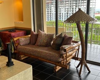 Front view of bamboo sofa. Larger one 100” x 38” x 28”. Smaller 80.5” x 36” x 28”