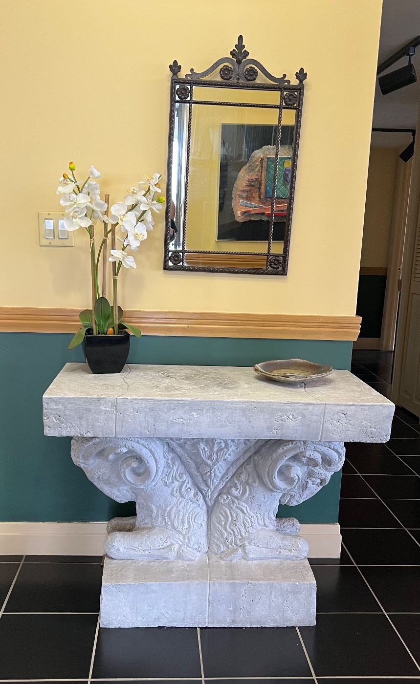 Double Rams head table  40” x 18” x 29” tall &  Iron mirror 29” x 17” 