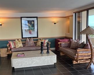 Pair of Bamboo sofas, Bamboo lamp, cocktail table, bamboo side table, heavy cocktail table