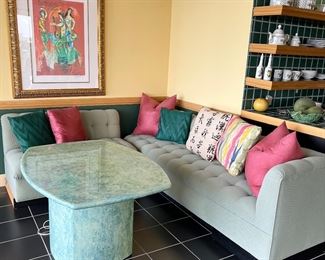 Green table is adjustable to make it taller measures 47.5” x 36” , green sofas and Chagall Lithograph 29” x 19.75” image only